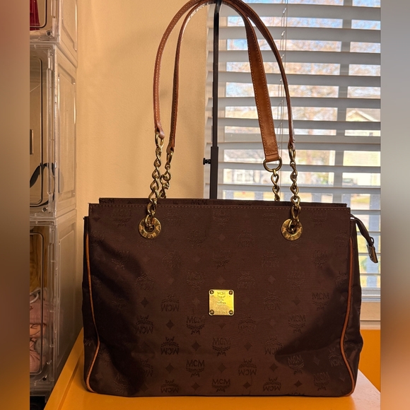 MCM Handbags - MCM Visetos Brown Coated Canvas Chain Tote Bag | Gold Hardware | Authentic